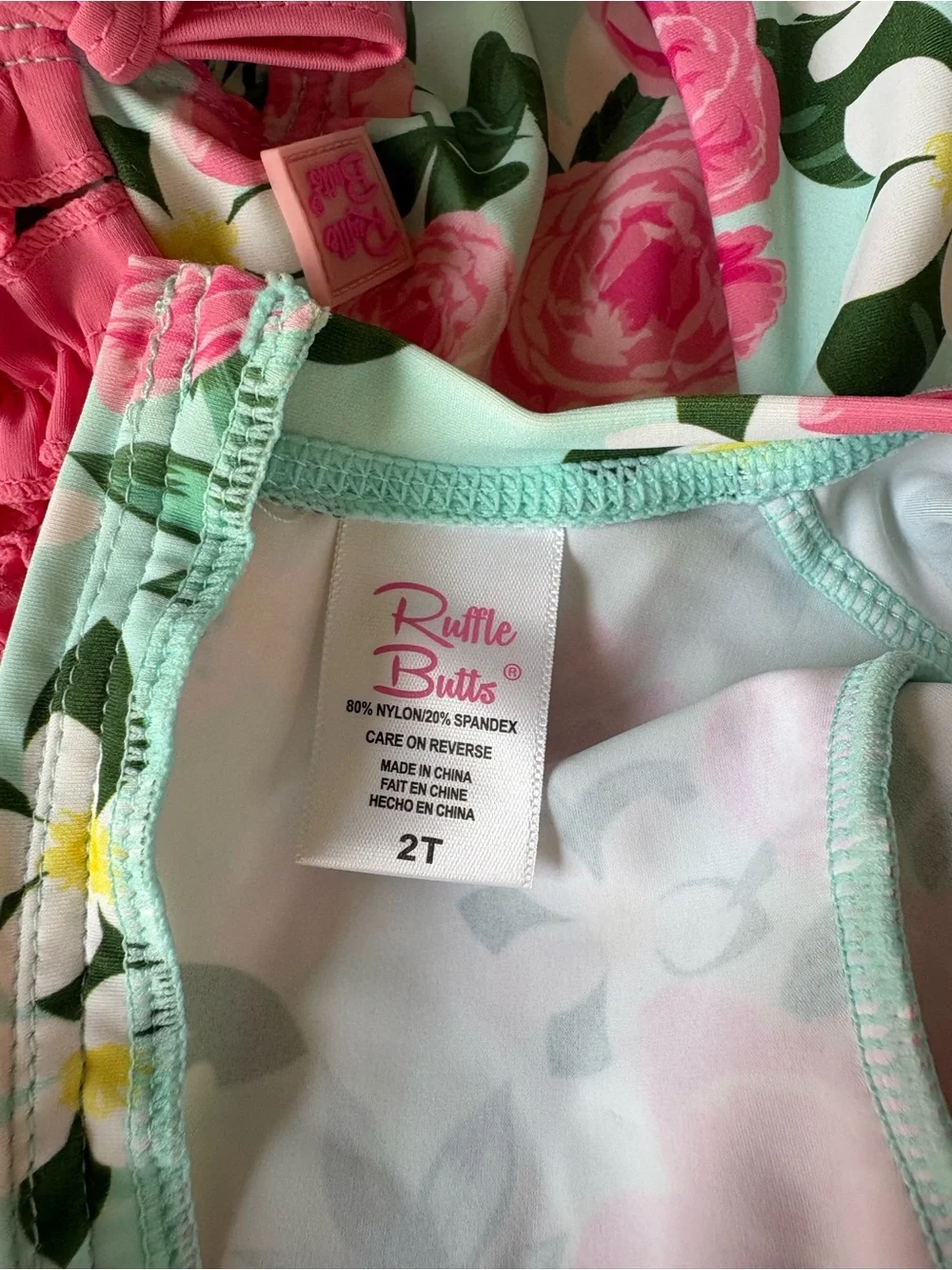 Ruffle Butts Pink Floral Long-Sleeve One-Piece on Aqua